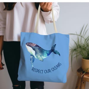 海を尊重するトートバッグ、海を守るトート、クジラトート、シロナガスクジラバッグ、海を守る買い物袋、オーシャンバッグ、環境に優しい買い物袋