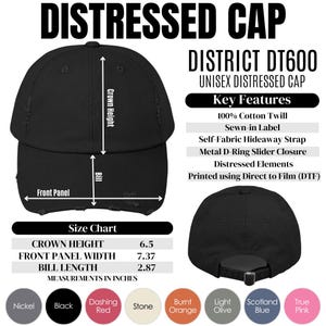May include: Black distressed cap with a crown height of 6.5 inches, front panel width of 7.37 inches, and bill length of 2.87 inches. Features include 100% cotton twill, a sewn-in label, and a metal D-ring slider closure. Available in multiple colors.