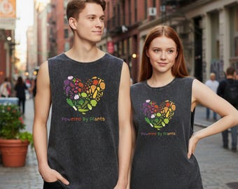 Powered By Plants Tank Top, vegan heart tshirt, plant based gym t-shirt, stone wash tanktop, vegetables tshirt, vegan fitness top, gym tank