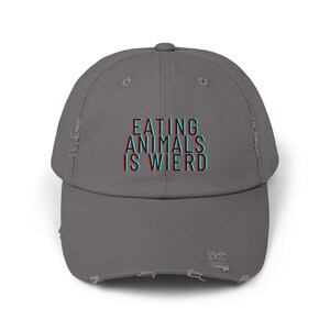 Funny Vegan Vegetarian Distressed Cap, Eating Animals Is Weird Hat, Unisex Baseball Cap, funny gift for vegan, fun gift for animal activist image 4