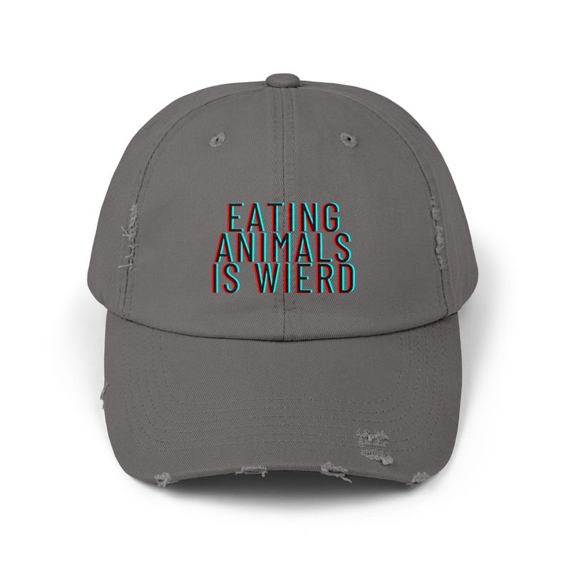 Funny Vegan Vegetarian Distressed Cap, Eating Animals Is Weird Hat, Unisex Baseball Cap, funny gift for vegan, fun gift for animal activist image 4
