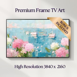 May include: Framed artwork depicting a coastal scene with sailboats on turquoise water and pink and white flowers. The text reads "Premium Frame TV Art" and "High Resolution 3840 x 2160". A gold banner states "Bonus Included".