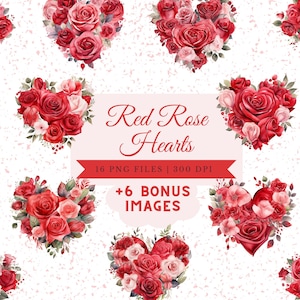 Romantisches rotes Rosen-Herz-Bündel, Aquarell-Rosen-Bouquet-Clipart, Valentinstag-Geschenk, rote Rosen Junk-Journal-Bundle, Geschenk für Sie