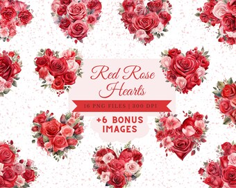 Romantic Red Rose Heart Bundle, Watercolor Rose Bouquet Clipart, Valentine's Day Gift, Red Roses Junk Journal Bundle, Gift for Her