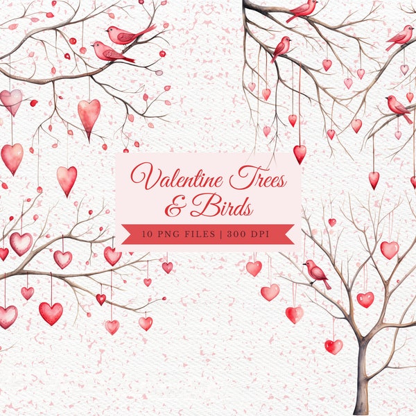 Valentine Tree Hearts & Birds Clipart, Love Nature Graphics, Valentines Day Gift, Wedding Invitations, Invitation Clipart, Valentine Cards