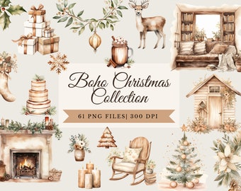 Pode incluir: Uma coleção de ilustrações de aquarela com uma variedade de elementos natalinos, incluindo uma lareira, uma árvore de Natal, um veado, uma cabana, um bolo, uma meia, uma coroa, uma cadeira de balanço, velas e uma caneca de chocolate quente. As ilustrações são de estilo boho com uma paleta de cores quentes.