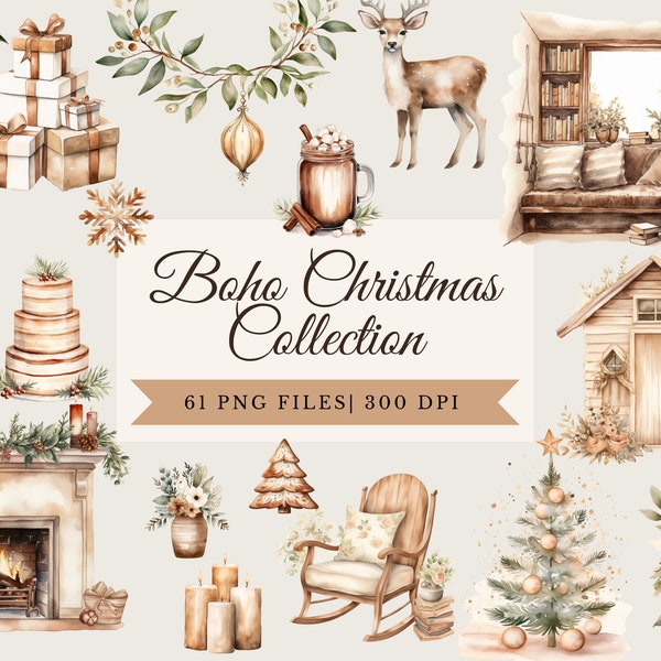 Boho Christmas Clipart, Watercolor Cozy Christmas Clipart, Xmas Clipart, Christmas Bundle Clipart, Rustic Cozy Boho Graphic, PNG