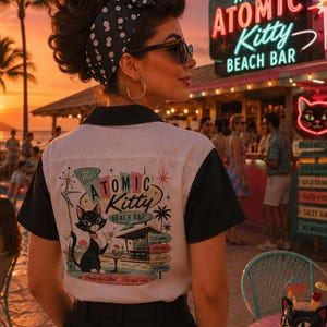 Atomic Kitty Beach Bar Retro Bowling Shirt, 1950s Mid-Century Camp Collar Button Down