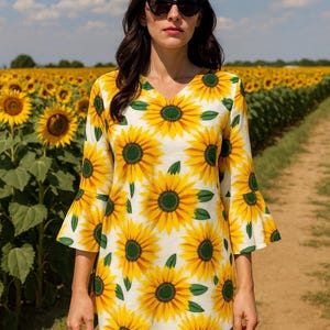 Puede incluir: Vestido blanco con estampado de girasoles amarillos y mangas acampanadas. El vestido tiene cuello en V y llega a la rodilla. El fondo muestra un campo de girasoles bajo un cielo azul.