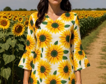Sunflower Ruffle Sleeve Dress – Boho Floral Tunic for Summer, Spring, Autumn, & Festivals