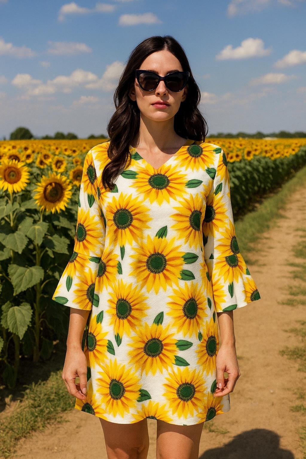 Sunflower Ruffle Sleeve Dress - Boho Floral Tunic for Summer, Spring, Autumn, & Festivals