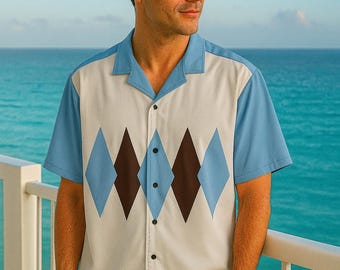 Diamond Cuban Collar Shirt - Retro Mid Century Modern Print