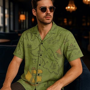 Nautical Sailboat Map Hawaiian Unisex Brown and Black Button-Up Shirt Summer Beach Marina Boat Yacht Fishing Sea Sailor Anchor Dad Brother