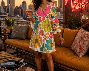 FLOWER POWER Retro Floral Boho 70s Hippie Flower Print Kaftan Dress Colorful Tunic Dress Vintage Mod Beach Cover Up | Bohemian Summer Dress