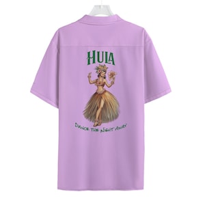 May include: A lavender short-sleeved button-up shirt with a green and brown graphic of a hula dancer with the text "HULA DANCE THE NIGHT AWAY".