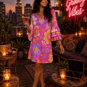 May include: A pink V-neck dress featuring a vibrant floral pattern in shades of yellow, purple, and white, with tiered bell sleeves. The dress has a loose, straight silhouette and reaches above the knee, showcasing a colorful, repeating flower design.