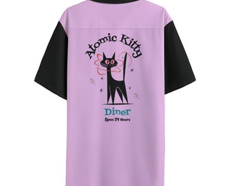 Atomic Kitty Bowling Shirt - Unisex Mid-Century Modern Cuban Collar