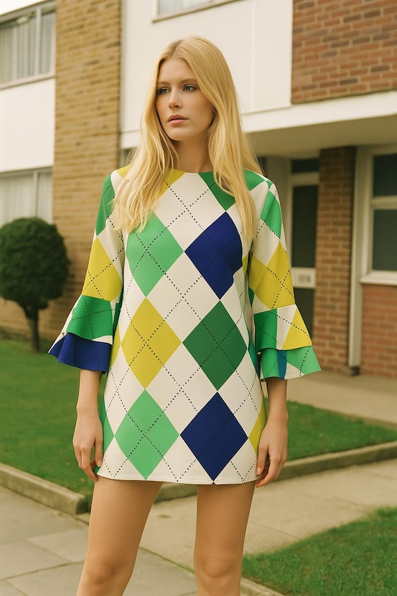 Retro Argyle Print Ruffle Sleeve Dress (Matching His & Hers) - Women's Print Vintage 70s Style, Colorful Geometric Pattern, Mod Summer, MCM Retro Argyle Print Ruffle Sleeve Dress (Matching His & Hers) - Women's Print Vintage 70s Style, Colorful Geometric Pattern, Mod Summer, MCM