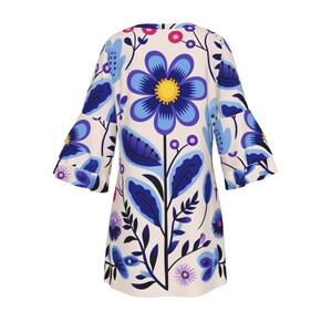 Blue Floral Bell Ruffle Sleeve Dress – Boho Botanical Tunic, Spring & Summer Outfit, Groovy Hippy Gift for Wife, Girlfriend, Sister, Mom image 3