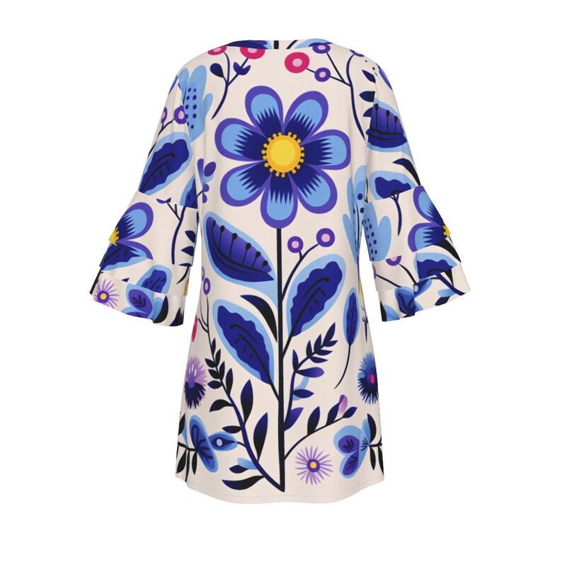 Blue Floral Bell Ruffle Sleeve Dress – Boho Botanical Tunic, Spring & Summer Outfit, Groovy Hippy Gift for Wife, Girlfriend, Sister, Mom image 3