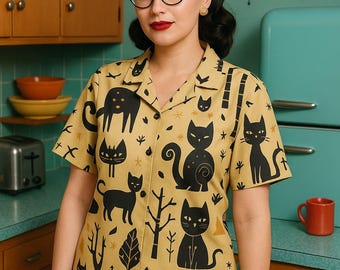 Atomic Kitty  Button Up Shirt Bowling Unisex Retro Vintage Mid Century Modern Lounge Cat Lovers Gift for Mom Gift for Dad Kitten