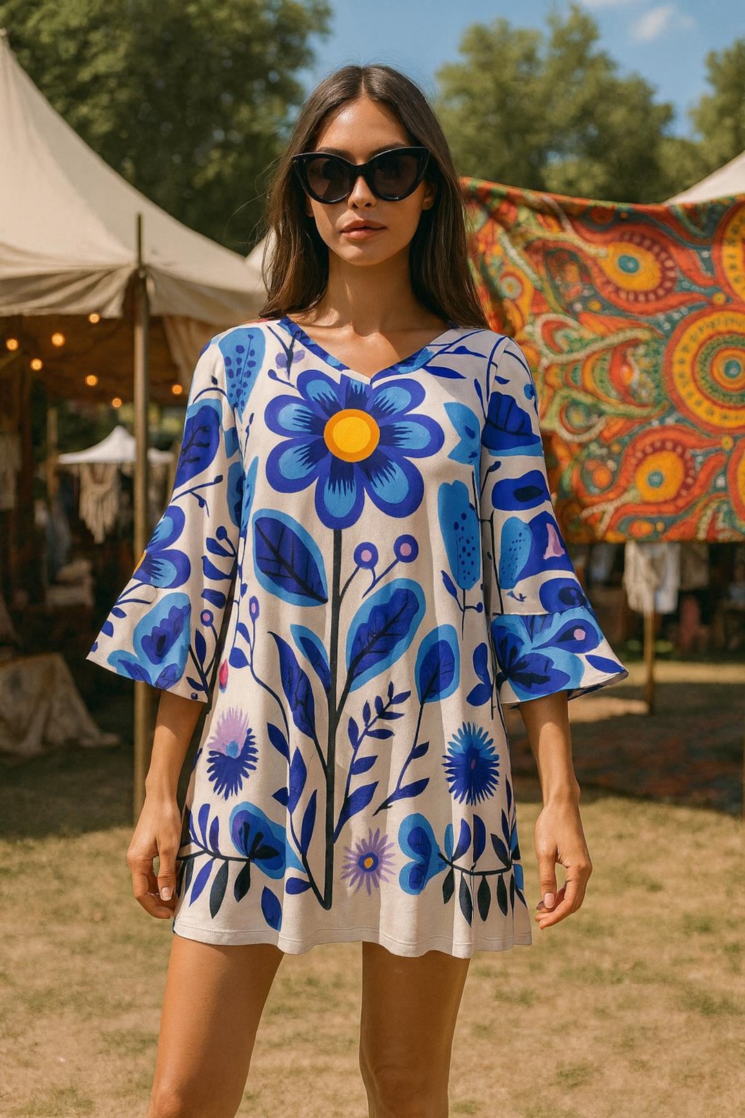 blue floral bell sleeve dress Layla Tulle Maxi Dress — Dark Blue Floral