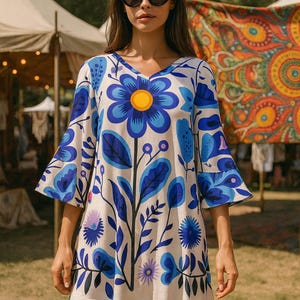 May include: A white, V-neck dress with a blue floral pattern and bell sleeves. The dress features large blue flowers with yellow centers and blue leaves. The model is wearing black sunglasses.