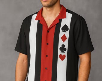 Poker Button Up Shirt - Vintage Casino Bowling Shirt Rockabilly Gambling Club Retro Playing Card Party Outfit Cool Shirt Dad Husband Gift