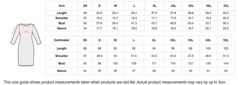 May include: A size chart for a dress, showing measurements in inches and centimeters. The chart includes measurements for length, shoulder, bust, and sleeve for sizes XS to 5XL. The text at the bottom states that measurements may vary.