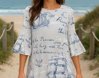 Vintage Nautical Ship Dress (Matching His & Hers) – Sailboat Coastal Ruffle Sleeve Tunic Maritime Summer Ocean Themed Beach Outfit Retro