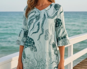 Octopus Print Ruffle Sleeve Dress – Ocean Sea Life Tunic – Beach Vacation Outfit – Coastal Boho Summer Dress – Nautical Resort Wear Squid