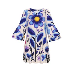 Blue Floral Bell Ruffle Sleeve Dress – Boho Botanical Tunic, Spring & Summer Outfit, Groovy Hippy Gift for Wife, Girlfriend, Sister, Mom image 2