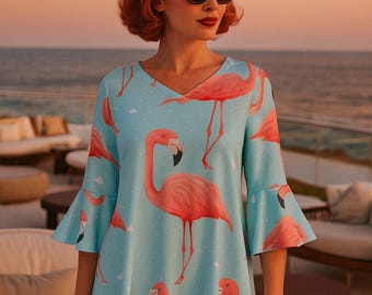 Flamingo Bell Ruffle Sleeve Dress – Tropical Beach Vacation Tunic, Boho Summer Outfit, Gift for Wife, Girlfriend, Sister, Mom, Daughter
