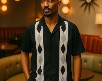 Retro Diamond Cuban Collar Shirt, Vintage Style Lounge