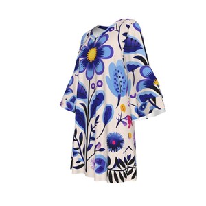 Blue Floral Bell Ruffle Sleeve Dress – Boho Botanical Tunic, Spring & Summer Outfit, Groovy Hippy Gift for Wife, Girlfriend, Sister, Mom image 4