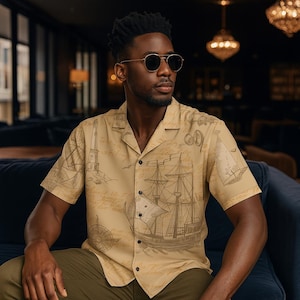 Nautical Sailboat Map Hawaiian Unisex Beige & Brown Button-Up Shirt Summer Beach Marina Boat Yacht Fishing Sea Sailor Anchor Dad Brother