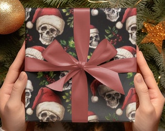 Gothic Holiday Spirit: Santa Hat Skull Wrapping Paper - Unique Holiday Decor