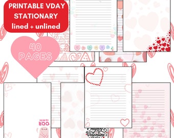 May include: Printable Valentine's Day stationery set with lined and unlined pages. The set includes 40 pages with various designs, including hearts, candy hearts, and the text "You're my Boo." The stationery is in shades of pink and red.