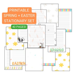 May include: Printable stationery set with 40 pages featuring spring and Easter themes. The pages include lined paper with bunny and carrot illustrations, yellow flower patterns, and a border of colorful Easter eggs.
