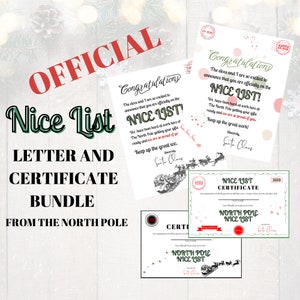 Paquete oficial de cartas y certificados de NICE LIST de Santa Claus, Pintables para niños, descarga instantánea de Navidad, X-Mas North Pole On Demand