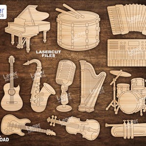 Musikinstrumenten-Set zum Bemalen auf MDF – SVG DXF Laser Cut Dateien, Glowforge und LightBurn – Pädagogisches Kinderbasteln
