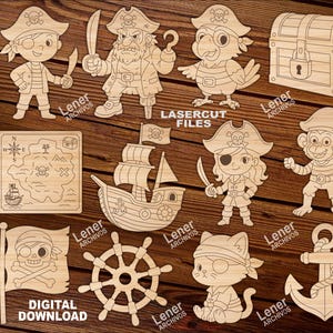 May include: A collection of 12 wooden pirate-themed cutouts, including pirates, a treasure chest, a map, a ship, a flag, a steering wheel, a cat, and an anchor. The words "LASERCUT FILES" and "DIGITAL DOWNLOAD" are also visible.