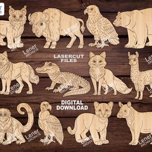 Puede incluir: Colección de figuras de animales de madera cortadas con láser, que incluyen un lince, un bisonte, un águila, un oso, un lobo, un caimán, un zorro, una llama, un mono, un buitre, un puma y un tapir. Las figuras son de color marrón claro.