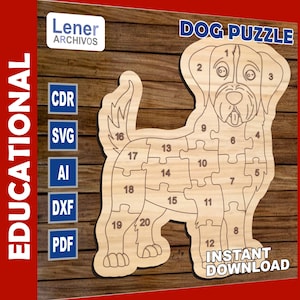 May include: A wooden dog puzzle with 20 pieces. The dog is brown and white and has a happy expression. The puzzle is labeled "DOG PUZZLE" and "INSTANT DOWNLOAD".