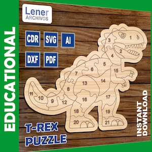 Puede incluir: Un rompecabezas de madera de T-Rex con 21 piezas numeradas. El rompecabezas está sobre un fondo de madera. El texto "EDUCATIONAL" está en el lado izquierdo de la imagen y "INSTANT DOWNLOAD" está en el lado derecho de la imagen. El texto "T-REX PUZZLE" está en la parte inferior de la imagen.