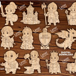 Puede incluir: Una colección de figuras de madera cortadas con láser que representan varios personajes de fantasía, como un caballero, una princesa, un mago y un dragón. Las figuras sin pintar presentan detalles intrincados, perfectas para proyectos de manualidades. La imagen también incluye el texto "LASERCUT FILES" y "DIGITAL DOWNLOAD".