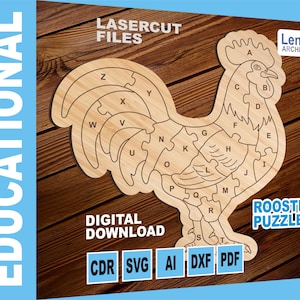 May include: A wooden rooster puzzle with alphabet letters on each piece. The puzzle is laser cut and comes in digital download format. The file types included are CDR, SVG, AI, DXF, and PDF.