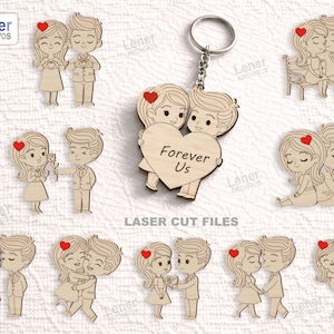 Puede incluir: Una colección de figuras de parejas de madera cortadas con láser, llaveros y diseños. Las figuras presentan un niño y una niña con acentos de corazón rojo, abrazándose, tomados de la mano y besándose. Un llavero tiene el texto "Forever Us".