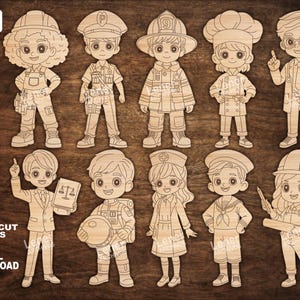 Puede incluir: Recortes de madera de varias profesiones, incluyendo un trabajador de la construcción, policía, bombero, chef, médico, abogado, astronauta, enfermera, marinero y arquitecto. Se ven las palabras "LASERCUT FILES" y "DIGITAL DOWNLOAD".