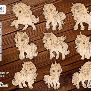 Jednorożce dla dzieci do malowania - SVG DXF Plik do cięcia laserowego - Kreatywna aktywność DIY na płycie MDF - Cyfrowe kolorowanki jednorożców, Glowforge Unicorn